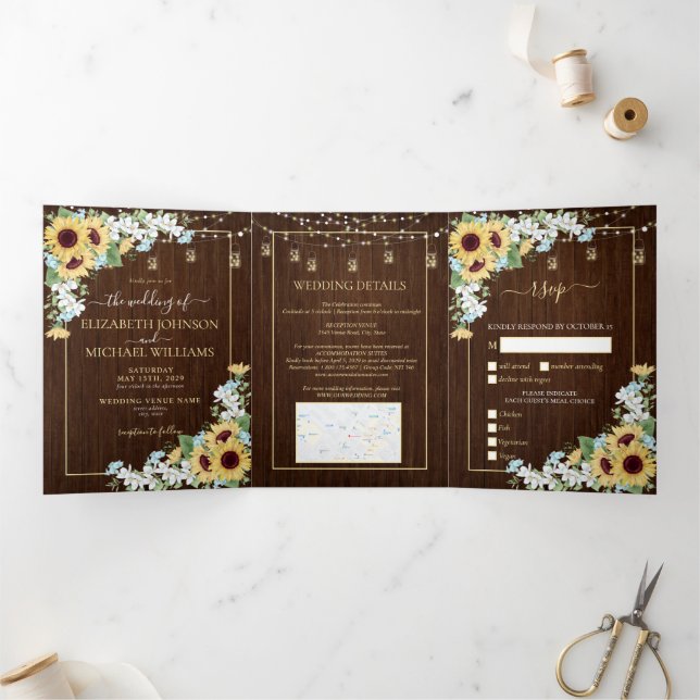 Invitation Trois Volets Tournesol en bois rustique Dusty Blue Floral Maria (Intérieur)