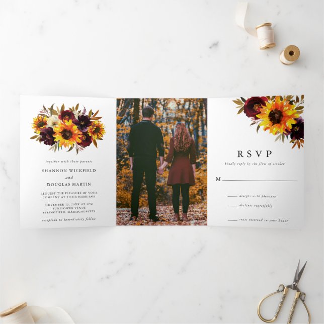 Invitation Trois Volets Tournesol Rustique Automne Floral Photo Mariage él (Intérieur)