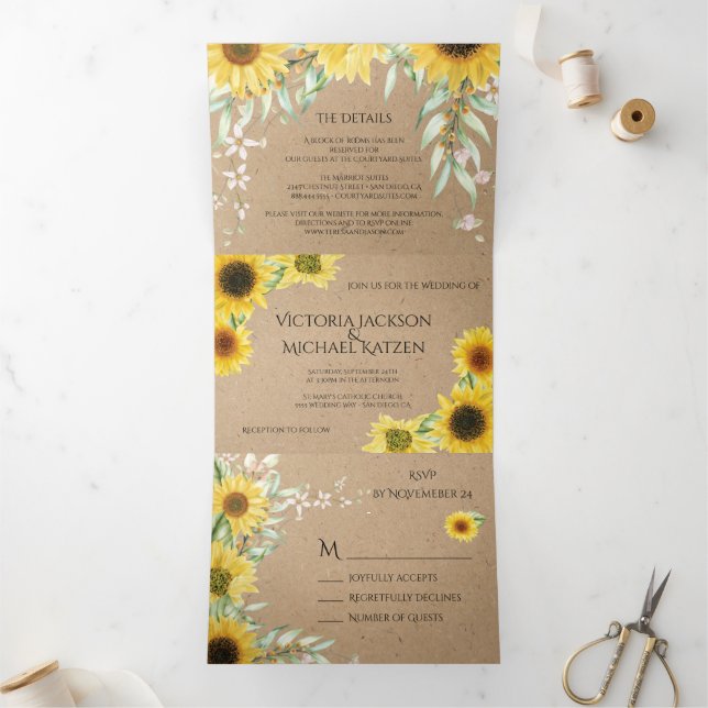 Invitation Trois Volets Tournesol rustique Mariage papier Kraft (Intérieur)