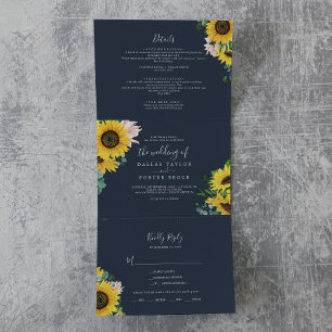 Invitation Trois Volets Tournesol rustique Marine Photo Mariage All In O