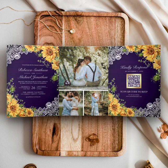 Invitation Trois Volets Tournesol Rustique Royal Violet Bois Code QR Maria (Créateur téléchargé)