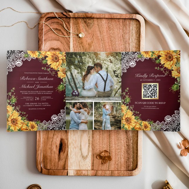 Invitation Trois Volets Tournesols rustiques Burgundy Wood QR Code Mariage (Créateur téléchargé)