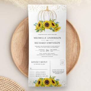 Invitation Trois Volets Tournesols rustiques Citrouille blanche Mariage d'