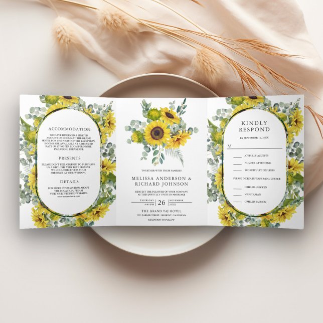 Invitation Trois Volets Tournesols rustiques et Eucalyptus 3 en 1 Mariage (Créateur téléchargé)