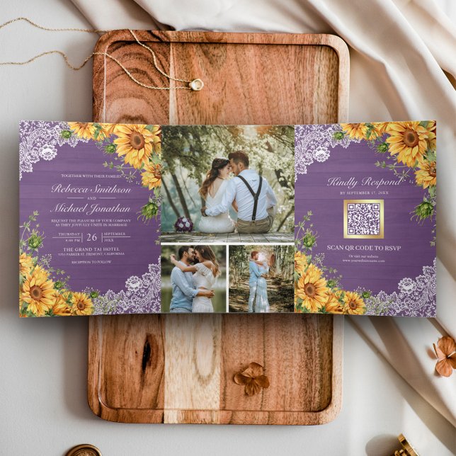 Invitation Trois Volets Tournesols rustiques Mariage Code QR Bois Lavande (Créateur téléchargé)