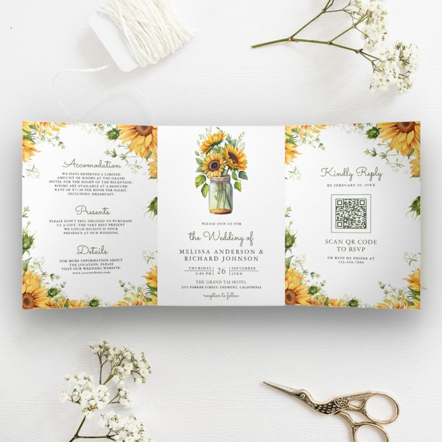 Invitation Trois Volets Tournesols rustiques Mariage Code QR Pot Mason (Créateur téléchargé)