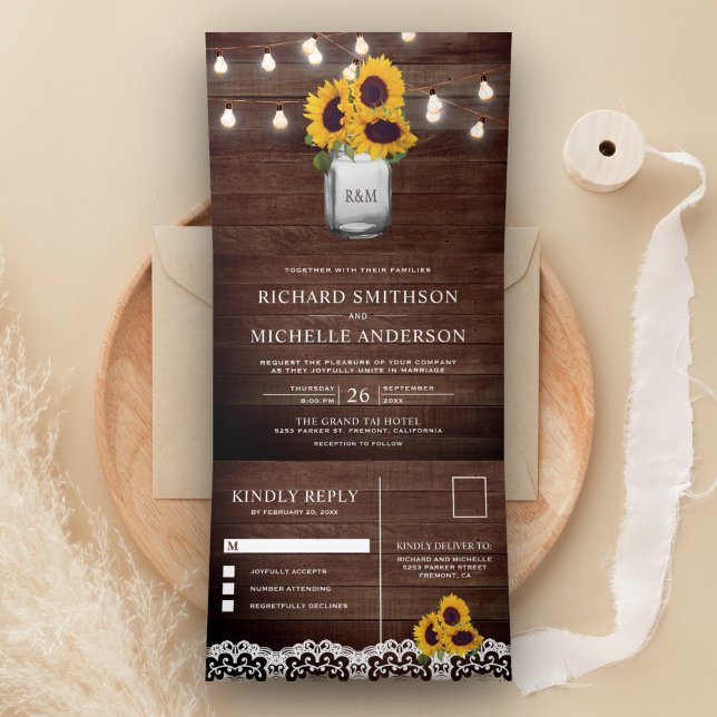 Invitation Trois Volets Tournesols rustiques Mason Jar String Mariage (Créateur téléchargé)