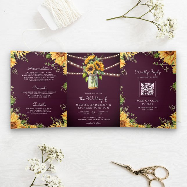 Invitation Trois Volets Tournesols Violet Pourpre Pot en Grès Code QR Mari (Créateur téléchargé)