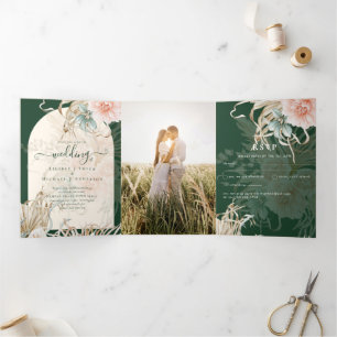 Invitation Trois Volets Tout en 1 Pampas verte - Mariage de pêche à l'herb
