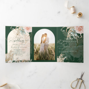 Invitation Trois Volets Tout-en-1 Pampas verte Pêche à l'herbe Mariage PHO