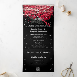 Invitation Trois Volets Tout en Un Élégant Cœur Rouge et Rose Feuille Mari