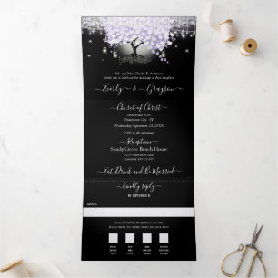 Invitation Trois Volets Tout en un Élégant Lilac Purple Mariage Cardiaque