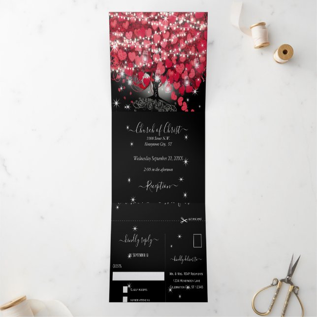 Invitation Trois Volets Tout en un Élégant Mariage rouge et rose de feuill (Intérieur)