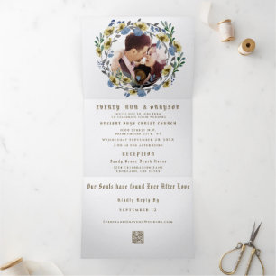 Invitation Trois Volets Tout en Un Mariage Couronne Florale Bleu Gris Fran