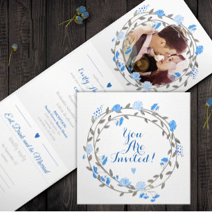 Invitation Trois Volets Tout en un Mariage Floral gris bleu français