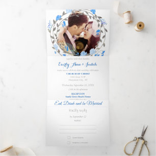 Invitation Trois Volets Tout en un Mariage Floral gris bleu français
