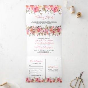 Invitation Trois Volets Tout en un Mariage floral rose aquarelle