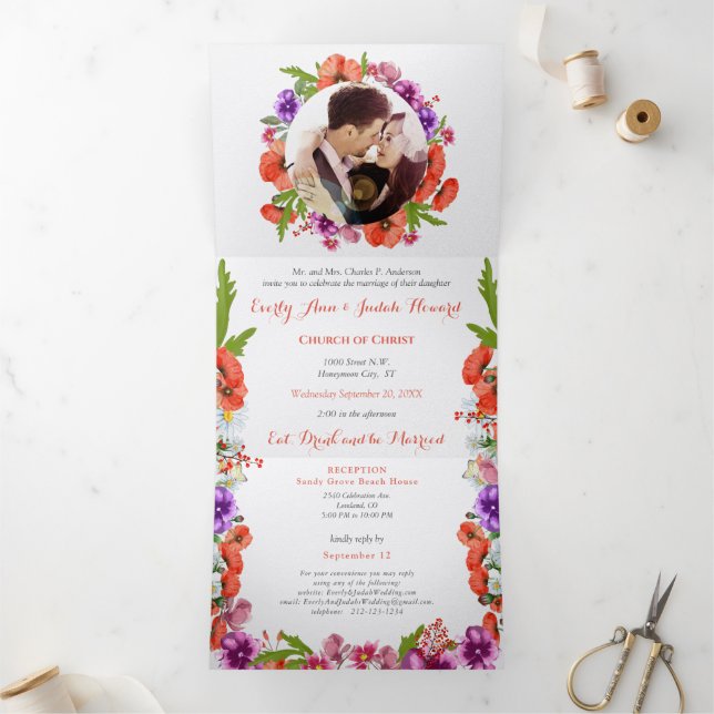 Invitation Trois Volets Tout en un Mariage rouge violet rose rose  (Intérieur)