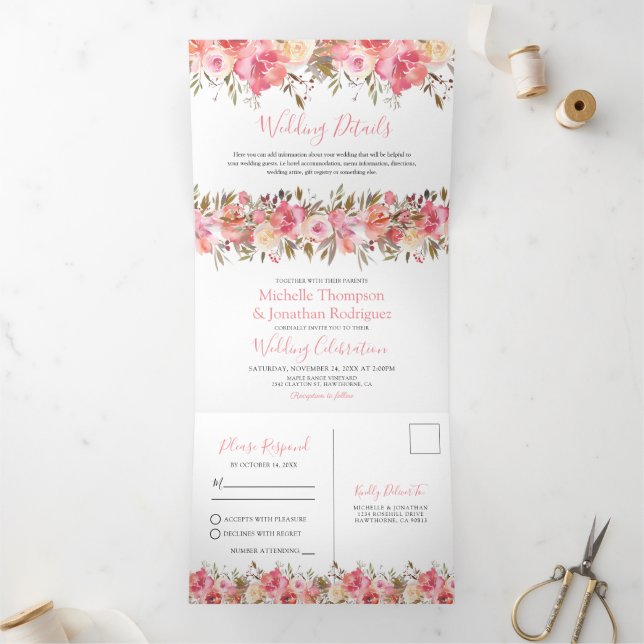 Invitation Trois Volets Tout en une aquarelle rose Mariage (Intérieur)