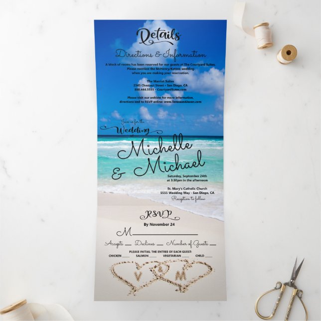 Invitation Trois Volets Tropical Beach Hearts Ocean surf Mariage (Intérieur)