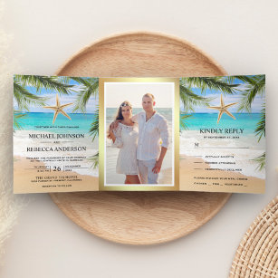 Invitation Trois Volets Tropical Beach Palm Feuille Starfish Photo Mariage