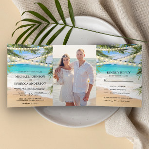 Invitation Trois Volets Tropical Beach Palm Feuille String Lights Mariage