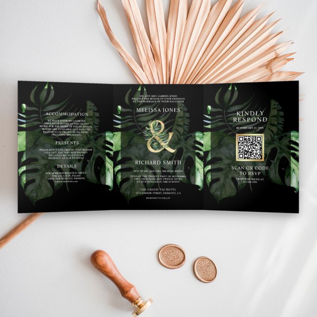 Invitation Trois Volets Tropical Gold Monstera Palm Black QR Code Mariage (Créateur téléchargé)