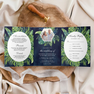Invitation Trois Volets Tropical Monstera Palm Feuille Marine Blue Mariage