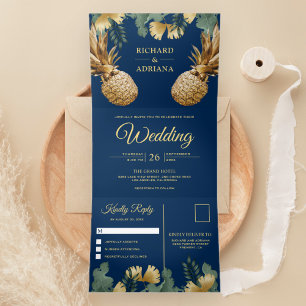 Invitation Trois Volets Tropical Palm Navy Blue Gold Pineappy Mariage