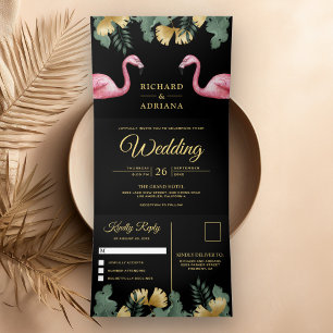 Invitation Trois Volets Tropical Palmier Or Noir Couple Mariage Flamant Ro