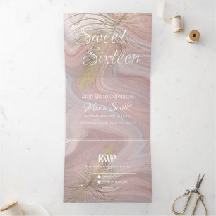Invitation Trois Volets Tropical Sweet 16 Marbre liquide   Rose pâle