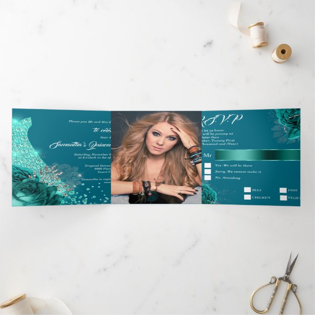 Invitation Trois Volets Turquoise argent floral rose quinceanera parties s (Intérieur)
