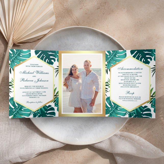 Invitation Trois Volets Turquoise blanc Palm Monstera Feuille Mariage (Créateur téléchargé)