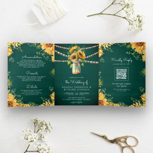 Invitation Trois Volets Turquoise Green Sunflowers Mason Jar QR Code Maria