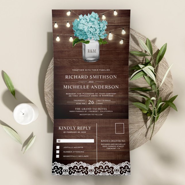 Invitation Trois Volets Turquoise Hydrangea Mason Jar String Mariage (Créateur téléchargé)