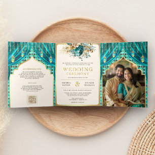 Invitation Trois Volets Turquoise or rideau Floral Indien Mariage hindou