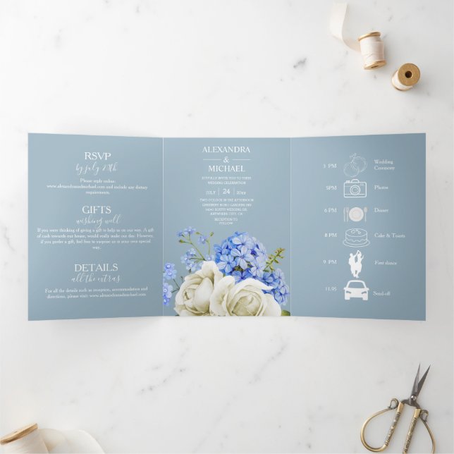 Invitation Trois Volets Typographie moderne Dusty Bleu Mariage Botanique T (Intérieur)