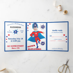 Invitation Trois Volets USA Girl Superhero terrible anniversaire