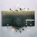 Invitation Trois Volets Végétation en or de forêt enchantée tout en un Mar<br><div class="desc">Illustration de branches d'arbres à la végétation luxuriante et sauvage et feuillage suspendu, numériquement superposés d'or, sur un arrière - plan vert émeraude étincelant, orne cet été de printemps tout en un faire-part de mariage avec un thème forestier enchanté. Une invitation élégante et moderne pour un mariage de conte de...</div>