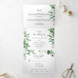 Invitation Trois Volets végétation eucalyptus  Mariage à feuilles vertes