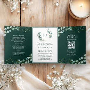 Invitation Trois Volets Végétation Eucalyptus Vert Émeraude Code QR Mariag