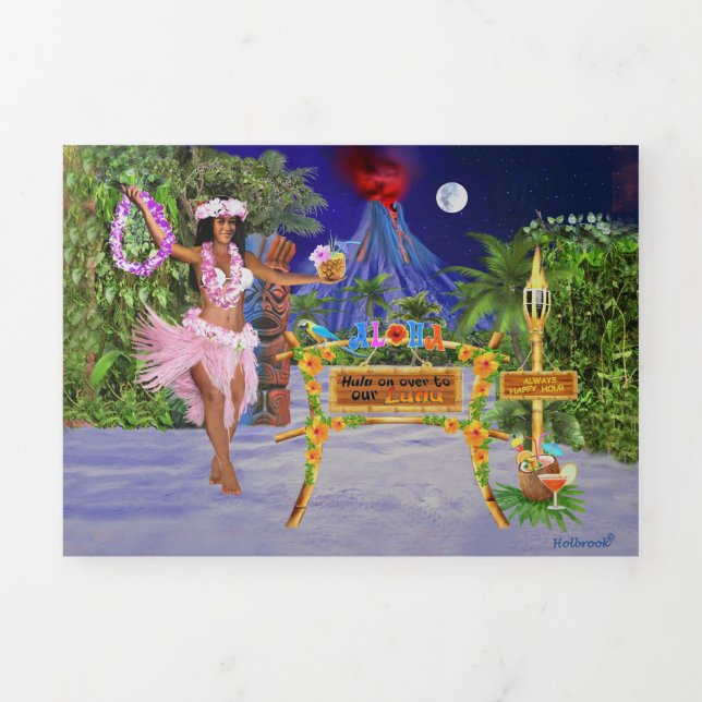 INVITATION TROIS VOLETS VENIR AU LUAU EN DANSE HULA (Page de couverture)