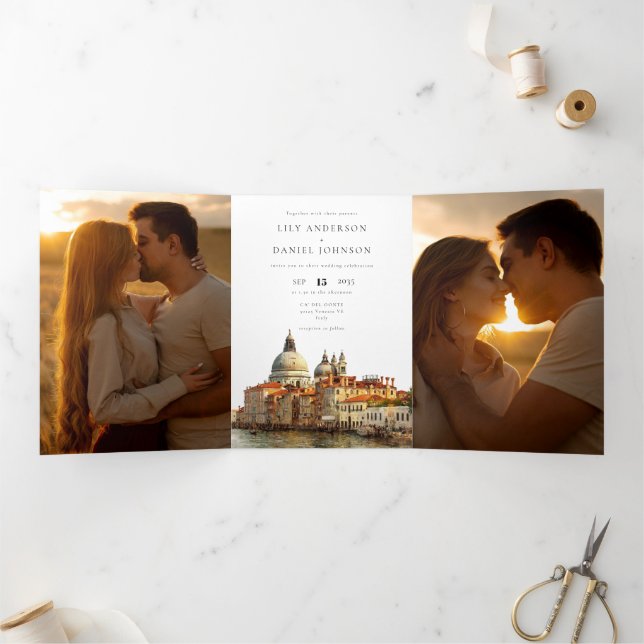 Invitation Trois Volets Venise Italie Code QR 3 Photo Mariage (Intérieur)