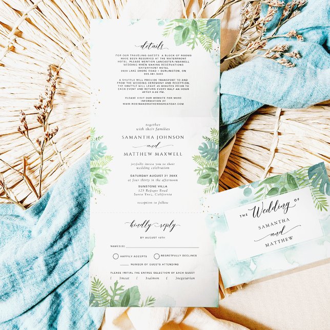 Invitation Trois Volets Verdure, Aquarelle bleu vert avec Mariage RSVP (Créateur téléchargé)