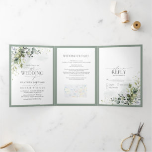 Invitation Trois Volets Verdure botanique Mariage d'aquarelle fleurie
