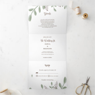 Invitation Trois Volets Verdure minimaliste avec Mariage d'aquarelle