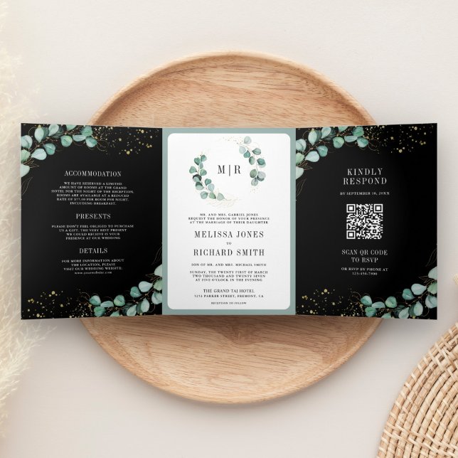 Invitation Trois Volets Verdure Or Eucalyptus Noir Code QR Mariage (Créateur téléchargé)
