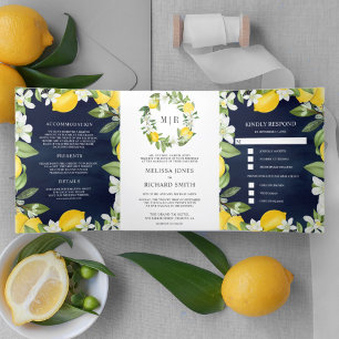 Invitation Trois Volets Verger de Citron Citrus Tout en Un Mariage Bleu Ma