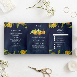 Invitation Trois Volets Verger de mandarine orange navy bleu mariage