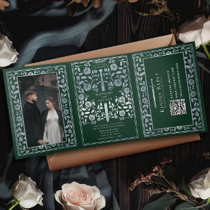 Invitation Trois Volets Vert Argent Royal Médiéval Mariage d'épée QR Code